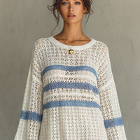 Women's Vacation Style Openwork Knit Striped Mini Dress MDA1806L6Y