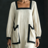 Women's Beige Cotton And Linen Blend Square-Neck Maxi Dress With Black Trim & Oversized Pockets MDZ1507A0T