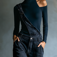 Women’s Blue-black Ribbed Knit Cold Shoulder Turtleneck Fitted Long Sleeve Top MDA3016K6T