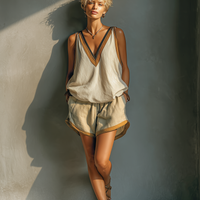 Women's Beige Linen-Blend Contrast Trim V-Neck Tank Top & Khaki Shorts Two-Piece Set MDZ2086C2T