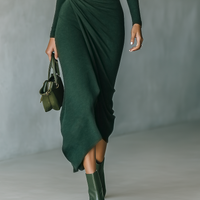Women's Dark Green High-elastic Knitted High-neck Wrap Dress Midi Dress MDA2023J2T