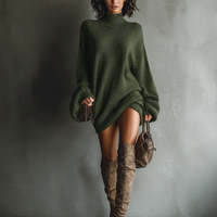 Women's Caramel Brown Vintage Style Knit Mini Dress MDA2367I6T