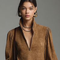 Women's Fashion Loose Suede Zipper Turtleneck Mini Dress MDA2738H7Y