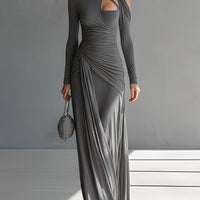 Women's Grey Silky Stretch Sophisticated Ruched Detail Cut-Out Maxi Dress MDA0546K6I
