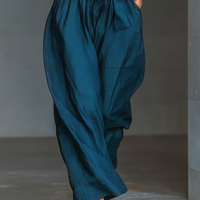 Women's Navy Blue Linen Fabric Cross Halter Wide-Leg Jumpsuit With Tie Waist & Side Pockets MDZ0455B5T
