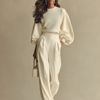 Women's Off-White Knit-Blend Sweatshirt with Drop Shoulders & Relaxed Fit, Modern Effortless-Chic Style Pullover MDZ0858A9I