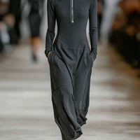 Women's Sports Cotton Blend Half-high Collar Zipper Loose Maxi Dress MDA3197G9Y