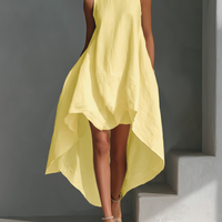 Women's White Linen Fabric Sleeveless Midi Dress With Round Neck & Asymmetric Hem MDZ0987B9T