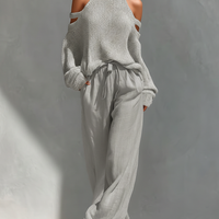 Women's Beige Knit Fabric Cold-Shoulder Turtleneck Top & Wide-Leg Pants Set MDZ0984A5T