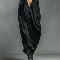 Women's Fashionable Casual Black Glossy Satin Long-sleeved Loose-fitting Maxi Dress With Pockets MDA2476K9AN