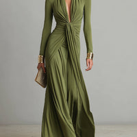 Women's Olive Silky Stretchy Dress With Deep V-Neck & Ruched Detail, Glamorous Maxi Dress MDA0509L8I