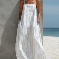 Women's Casual White Vertical Striped Woven Sleeveless Loose Long Dress MDZ0324C9AN