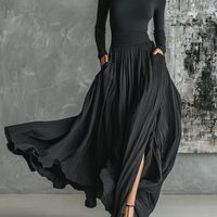 Women's Fashion All Black Skinny Turtleneck T-shirt Pleated Skirt Set MDA1366H1Y