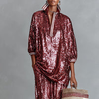 Women's Burgundy Glamorous Sequin Striped - Trimmed Oversized Loungewear Set MDA3059I3I