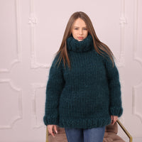 10 Strand Mohair Sweater, Chunky Turtleneck Knit, Oversized Green Pullover T2174