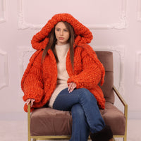 25 Strand Wool Alpaca Cardigan Coat, Extra Chunky Hooded Knit Jacket T2193