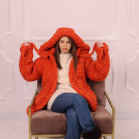 25 Strand Wool Alpaca Cardigan Coat, Extra Chunky Hooded Knit Jacket T2193