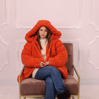 25 Strand Wool Alpaca Cardigan Coat, Extra Chunky Hooded Knit Jacket T2193