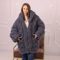 25 Strand Mohair Cardigan Coat, Extra Chunky Zip Sweater, Oversized Heavy Knit Jacket T2192