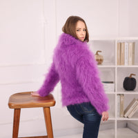 Fluffy Mohair Sweater, Chunky Oversized Turtleneck Knit, Purple Statement Pullover T2181