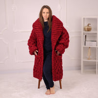 Extra Chunky Knit Cardigan Coat, Honeycomb Wool Mohair Sweater, Red Oversized Jacket T2191