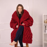 Extra Chunky Knit Cardigan Coat, Honeycomb Wool Mohair Sweater, Red Oversized Jacket T2191