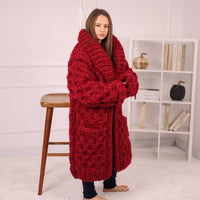 Extra Chunky Knit Cardigan Coat, Honeycomb Wool Mohair Sweater, Red Oversized Jacket T2191