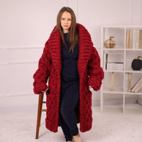 Extra Chunky Knit Cardigan Coat, Honeycomb Wool Mohair Sweater, Red Oversized Jacket T2191