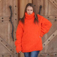 One available in size 3XL, Neon Orange Alpaca Sweater, 15 Strand Knit Turtleneck T2215