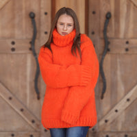 Neon Orange Alpaca Sweater, 15 Strand Knit, Soft Fluffy Texture, Chunky Turtleneck Fit T2215
