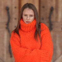 One available in size 3XL, Neon Orange Alpaca Sweater, 15 Strand Knit Turtleneck T2215