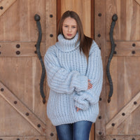 One available in size 7XL,Blue Alpaca Sweater, 15 Strand English Rib Knit, Oversized Fit T2221