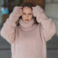 Kid Mohair Turtleneck Sweater, 10 Strand Knit, Fluffy Texture, Hand Knitted Soft Fit T2216