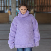 Purple Alpaca Sweater, 20 Strand Knit, Hand Knitted Fluffy Texture, Chunky Turtleneck Fit T2219