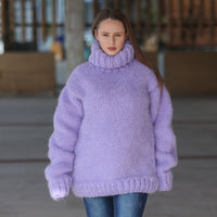 Purple Alpaca Sweater, 20 Strand Knit, Hand Knitted Fluffy Texture, Chunky Turtleneck Fit T2219