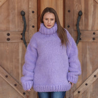 Purple Alpaca Sweater, 20 Strand Knit, Hand Knitted Fluffy Texture, Chunky Turtleneck Fit T2219