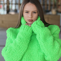 Neon Green Chunky Sweater, Boucle Texture, Alpaca Wool Blend, Hand Knitted Crewneck T2213