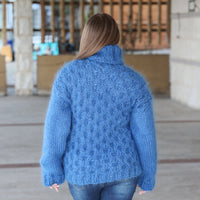 Blue Mohair Sweater, Cable Knit Turtleneck, 3 Strand Hand Knitted Pullover, Soft Fluffy Texture T2223