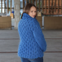 Blue Mohair Sweater, Cable Knit Turtleneck, 3 Strand Hand Knitted Pullover, Soft Fluffy Texture T2223