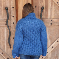 Blue Mohair Sweater, Cable Knit Turtleneck, 3 Strand Hand Knitted Pullover, Soft Fluffy Texture T2223