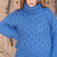 Blue Mohair Sweater, Cable Knit Turtleneck, 3 Strand Hand Knitted Pullover, Soft Fluffy Texture T2223