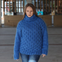 Blue Mohair Sweater, Cable Knit Turtleneck, 3 Strand Hand Knitted Pullover, Soft Fluffy Texture T2223