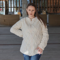 Baby Alpaca Cardigan, Hand Knit Cable Sweater, Cream Zip Front, Soft Lightweight Fit T2210