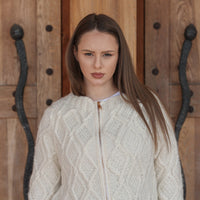 Baby Alpaca Cardigan, Hand Knit Cable Sweater, Cream Zip Front, Soft Lightweight Fit T2210