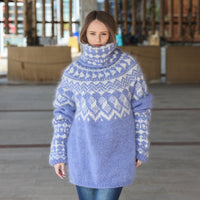 Icelandic Mohair Sweater, Blue Nordic Pattern, Hand Knitted Turtleneck Pullover, Oversized Fair Isle Knit T2224