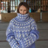Icelandic Mohair Sweater, Blue Nordic Pattern, Hand Knitted Turtleneck Pullover, Oversized Fair Isle Knit T2224