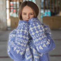 Icelandic Mohair Sweater, Blue Nordic Pattern, Hand Knitted Turtleneck Pullover, Oversized Fair Isle Knit T2224