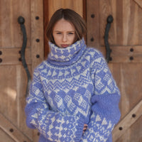 Icelandic Mohair Sweater, Blue Nordic Pattern, Hand Knitted Turtleneck Pullover, Oversized Fair Isle Knit T2224