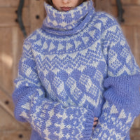 Icelandic Mohair Sweater, Blue Nordic Pattern, Hand Knitted Turtleneck Pullover, Oversized Fair Isle Knit T2224