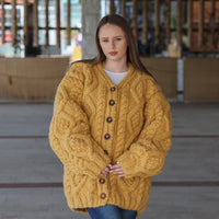 Alpaca Cardigan, Hand Knit Cable Sweater, Mustard Button Front, Chunky 18 Strand T2209